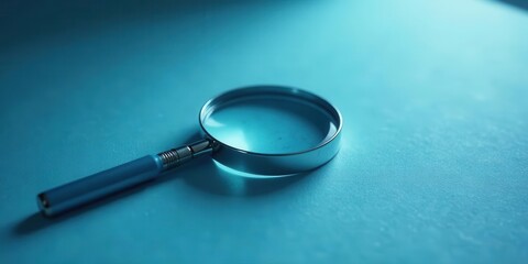 A Close-Up View of a Handheld Magnifying Glass with a Blue Handle Resting on a Smooth, Light Blue Surface