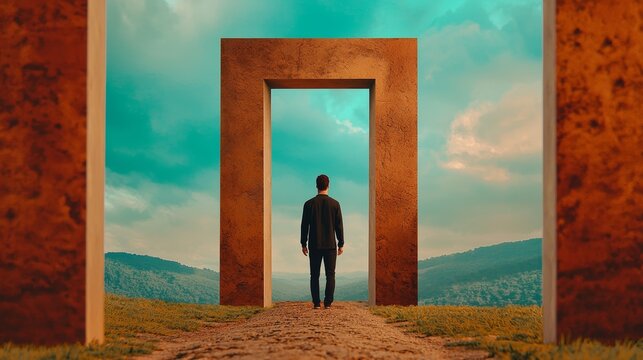 Man Walking Towards Futuristic Gateway in Surreal Landscape