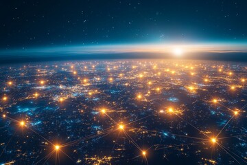 Abstract digital world map showcasing global connectivity and ai technology on a blue background