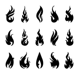Unique collection of flame silhouettes in various shapes and sizes for graphic design use
