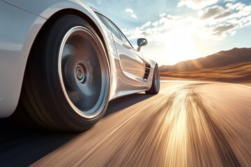 Dynamic close up of a white sports car in motion on a sunlit desert road, capturing speed and style