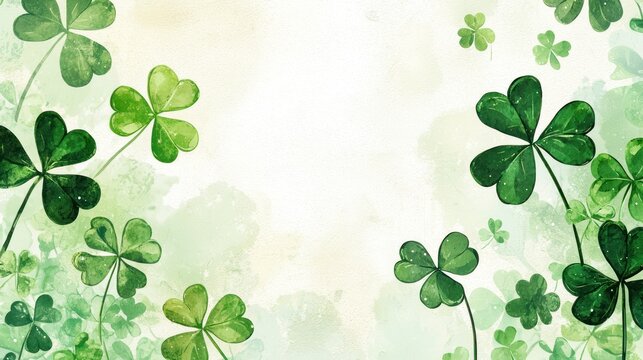 A festive greeting card design with calligraphy and shamrock illustrations.