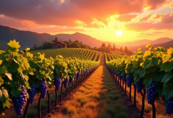 vibrant vineyard landscape under bright sunset hue rich colors scenic views, barrel, beauty, clouds, crop, daylight, environment, exterior, farm, fields