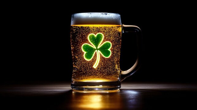 A beer mug with a glowing shamrock design in the foam. - Powered by Adobe