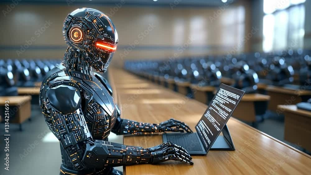 Poster advanced robots engaged in coding in a futuristic lecture hall at a technological institute