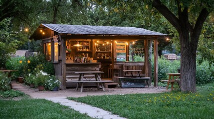 Rustic outdoor bar in garden at dusk