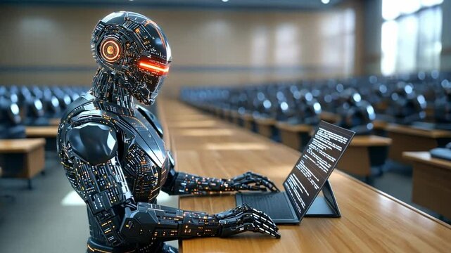 Advanced robots engaged in coding in a futuristic lecture hall at a technological institute
