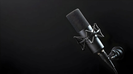 Fototapeta premium Modern Black Microphone Against Dark Background With A Focus On Metallic Detail And Audio Technology In Professional Recording Studio