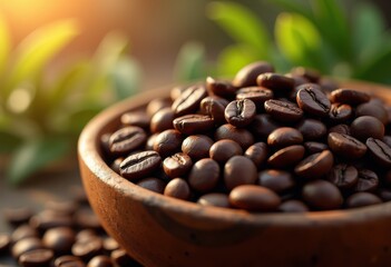 Fototapeta premium close freshly roasted coffee beans caught soft morning light highlighting their rich texture natural gloss, aroma, freshness, brown, beverage, organic