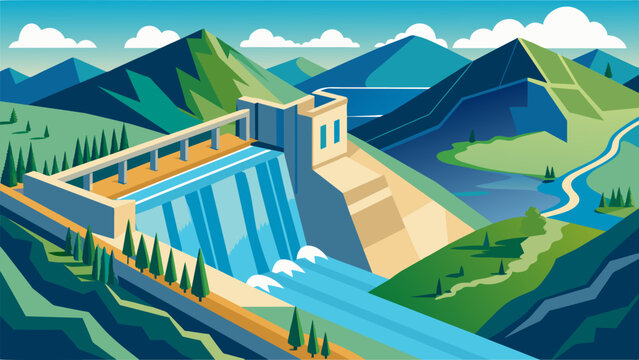 The aerial shot captures the enormity of the dam standing tall against the natural landscape.. Vector illustration