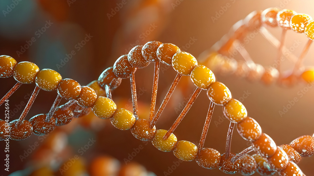 Poster 3d rendered orange and yellow dna double helix structure with glowing particles on an abstract orang