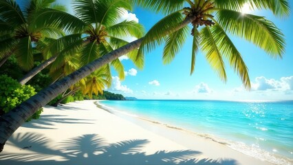 Serene Tropical Beachscape Palm Trees Arching Over Pristine White Sand and Azure Ocean Waters