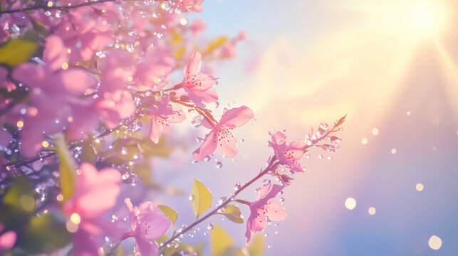 right flowers with crystal water droplets fly in the pink rays of the sun
