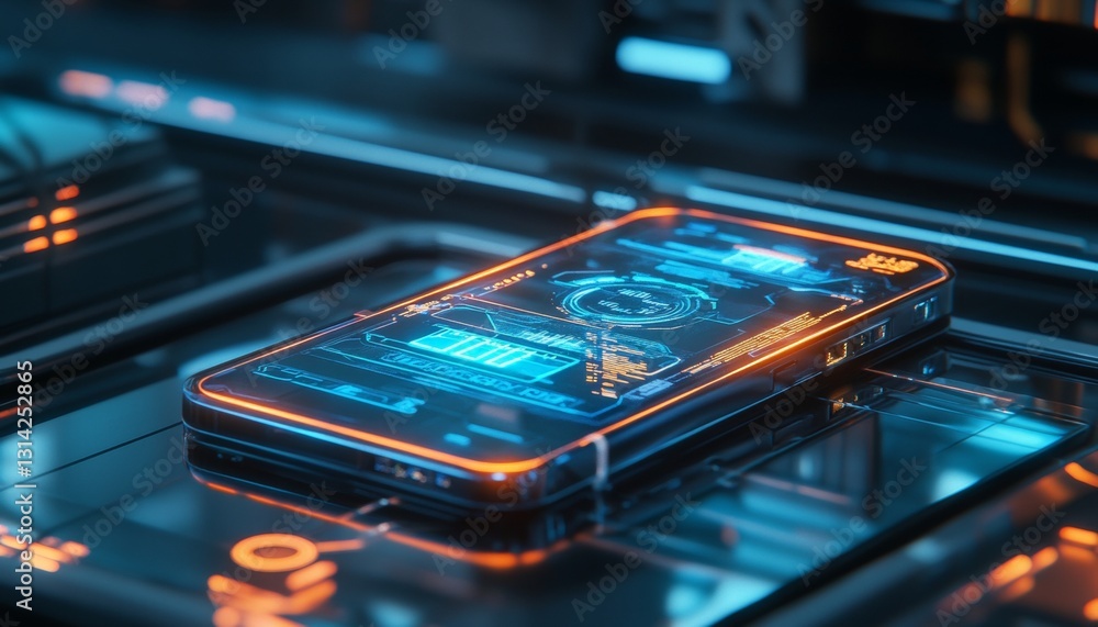 Poster futuristic smartphone with holographic interface displayed on glass table high tech concept render