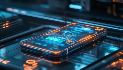 Futuristic smartphone with holographic interface displayed on glass table   high tech concept render
