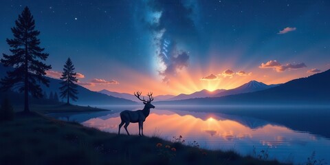 Fototapeta premium Serene Sunset Landscape with Majestic Stag Silhouetted Against a Starry Sky and Calm Lake Reflection