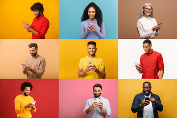This collage portrays a vibrant spectrum of people engaged with their smartphones, set against...