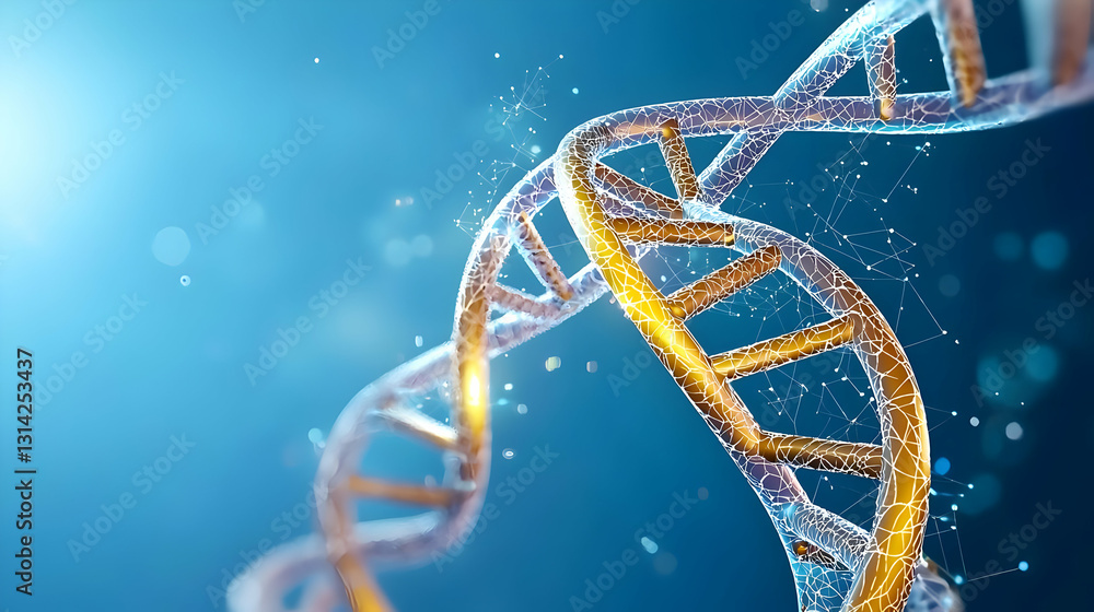 Poster golden double helix dna strand rotating against blurred blue background with floating particles in m