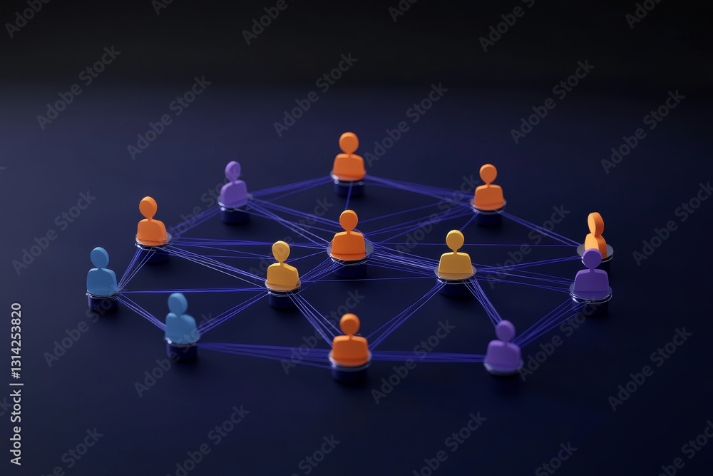 Aufkleber 3d network connection visualization with user icons on dark blue background for social media