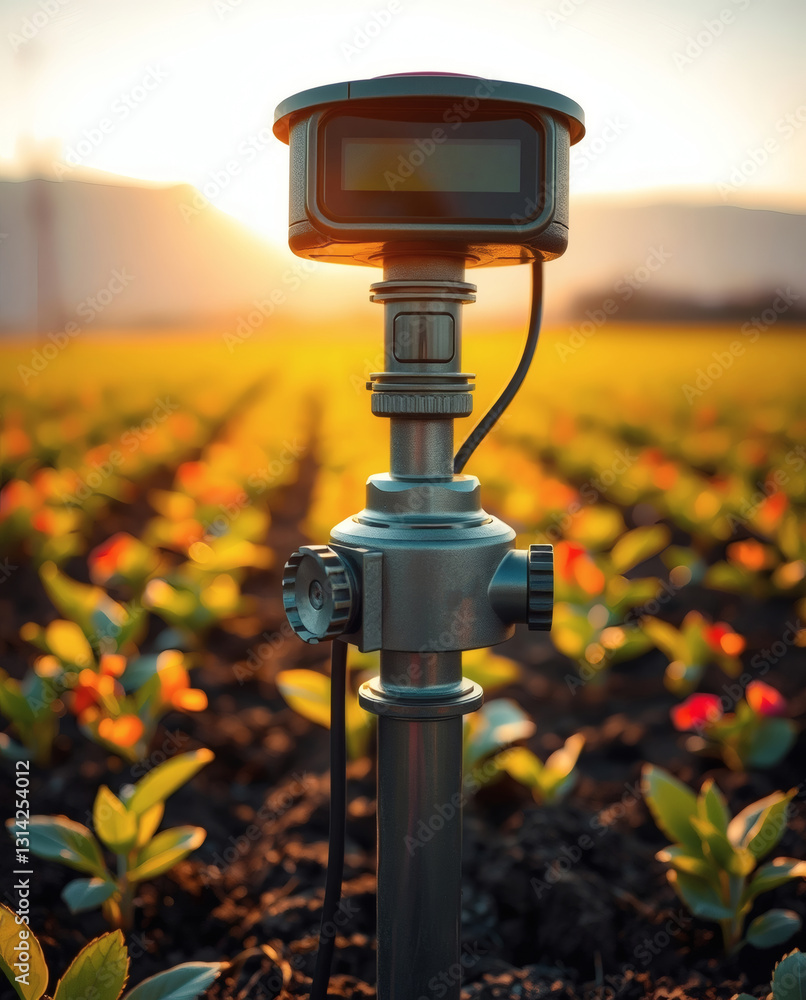 Poster a close-up view of an automated irrigation system in an agricultural field, at golden hour