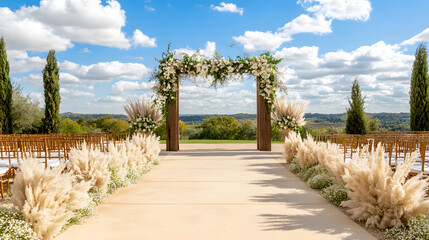 Beautiful outdoor wedding ceremony setup with floral arch and scenic backdrop