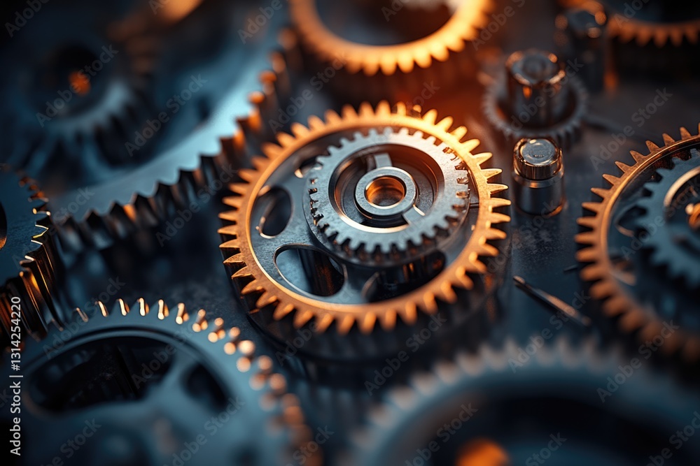 Poster close-up of intricate metallic gears interlocked, showcasing precision engineering and complex mecha
