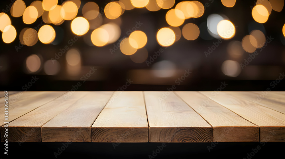 Poster empty rustic wooden table top with golden bokeh lights blurred background for product display presen