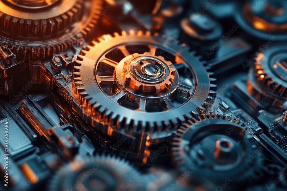 Poster close-up of intricate metallic gears interlocked, showcasing precision engineering and mechanical co