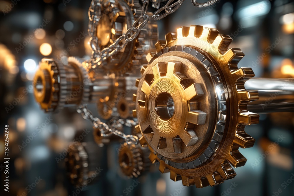 Poster interlocking golden gears and a chain, showcasing intricate mechanics and precision engineering.