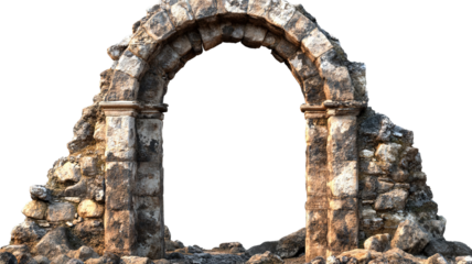 Weathered and crumbling ancient stone archway with textured stones, isolated on a transparent background."