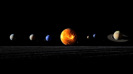 A Pixelated Depiction of Our Solar System With Planets Aligned and a Bright Glowing Sun and Background of Stars