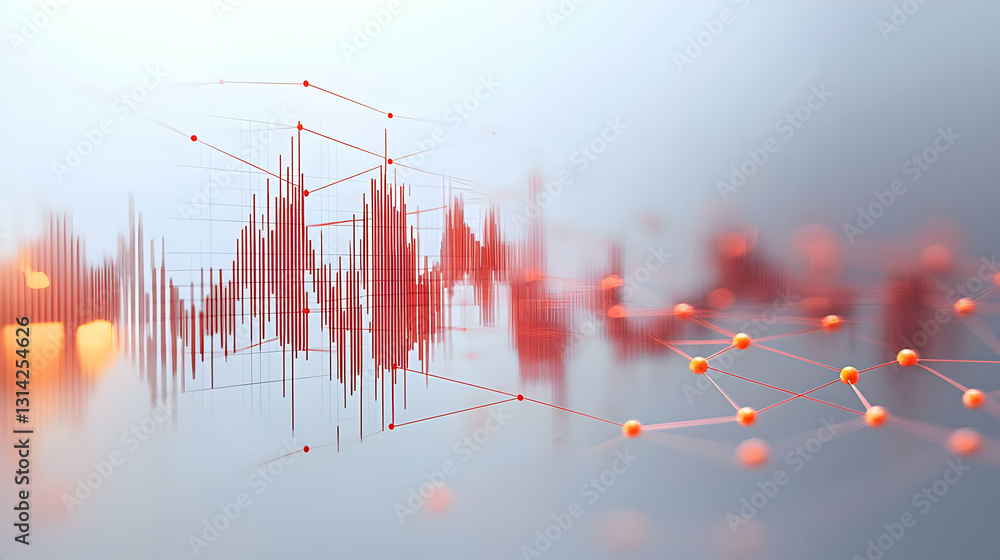Aufkleber red and orange financial chart with network connections on blurred white background for data analysi