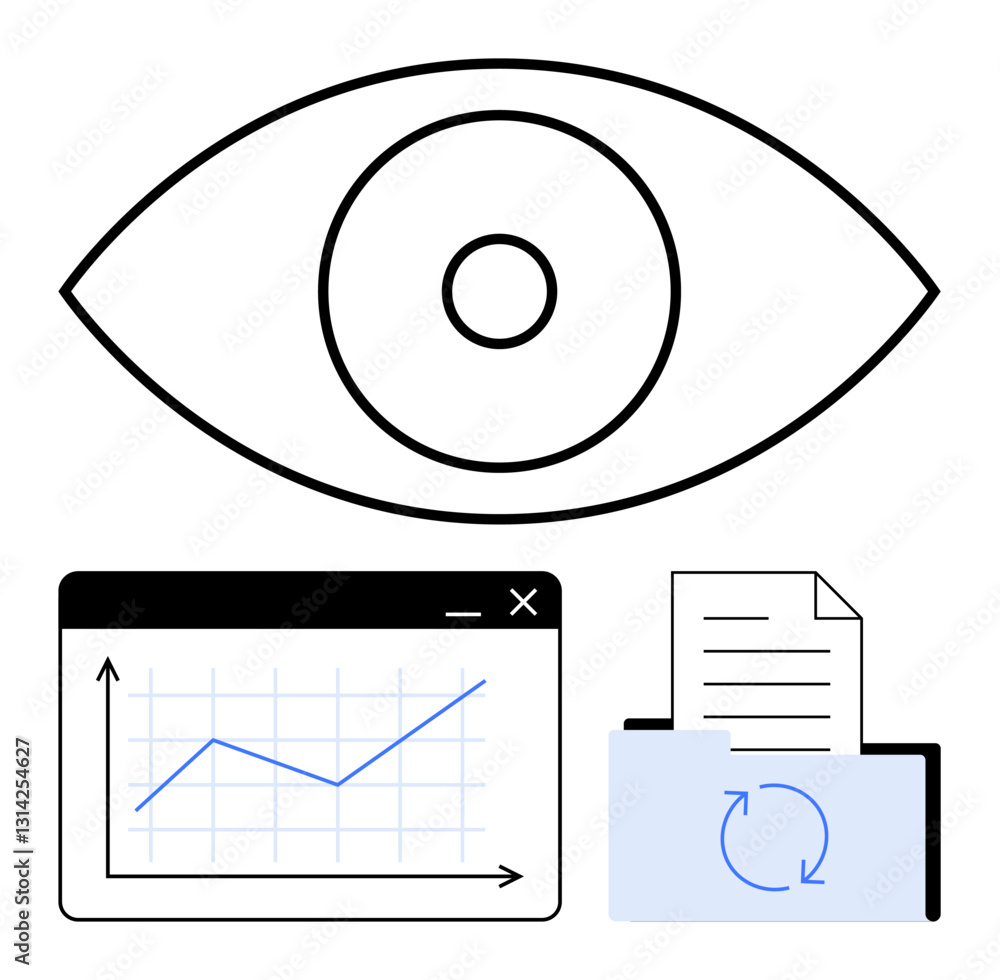 Poster eye above a graph on a monitor and a folder with a synchronized document. ideal for data analytics, 
