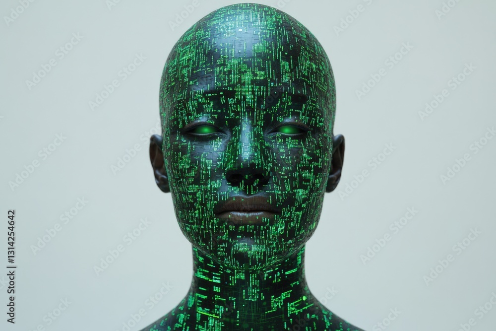Aufkleber a portrait of a person whose face is covered in glowing green circuit board patterns, representing a