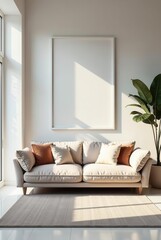 Serene Living Room with Beige Sofa and Large Blank Frame for Artwork