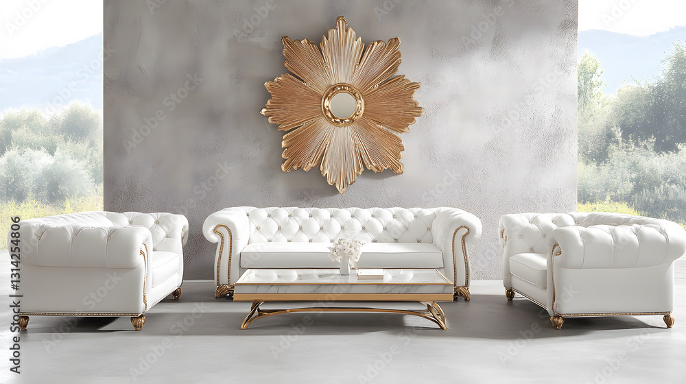 Poster elegant white sofa set with decorative wall art in a modern setting