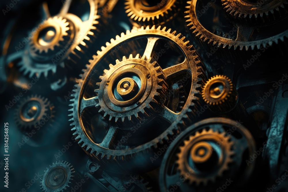 Poster intricate clockwork gears interlock, showcasing precision engineering and steampunk aesthetic.