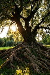 Ancient olive tree, sunbeams, roots