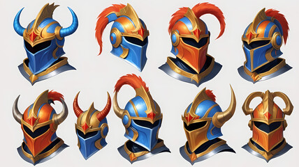 a collection of various knight helmets, showcasing diverse designs with ornate details, reflecting historical artistry 