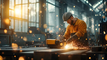 Industrial Workshop with Worker Using Angle Grinder in Dim Lighting