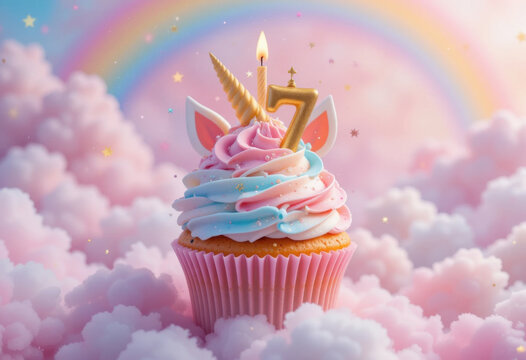Cup cake con tem&aacute;tica de unicornio con glaseado en espiral de colores pastel, un cuerno dorado y una vela con el n&uacute;mero 7, sobre un fondo de ensue&ntilde;o de nubes y arco&iacute;ris
