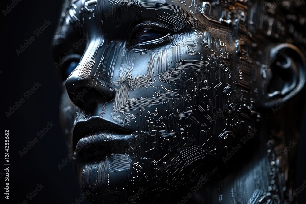 Poster a close-up of a robotic face, its surface intricately etched with circuit board patterns, showcasing