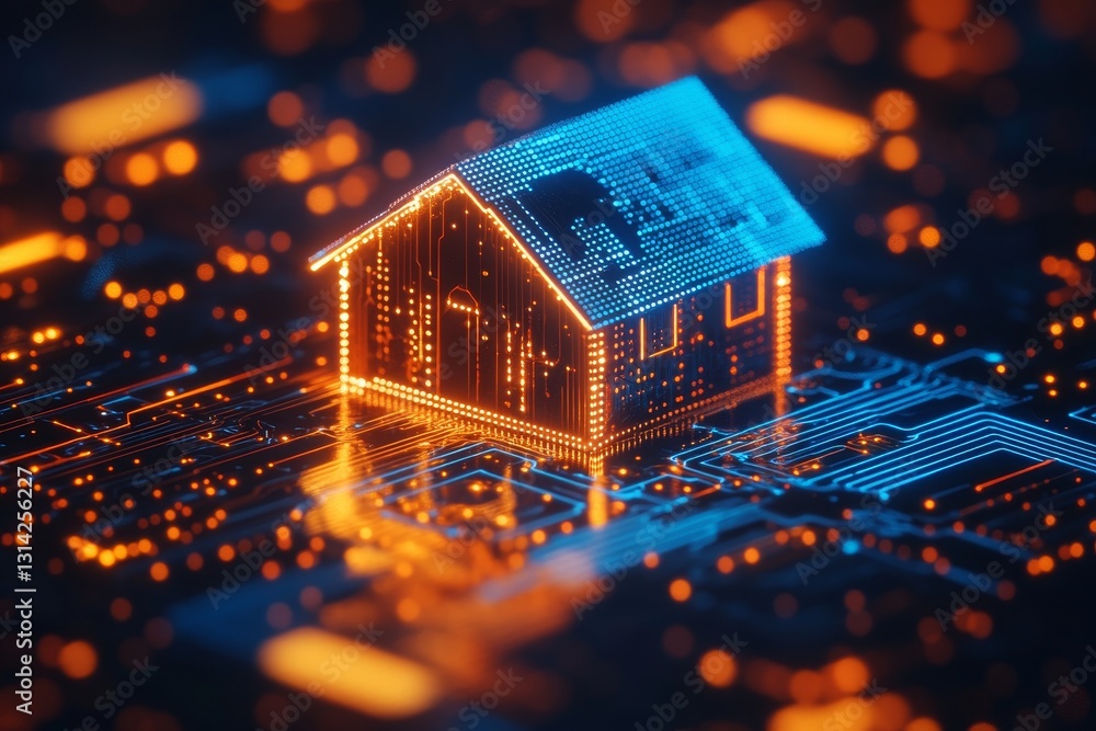 Aufkleber 3d rendering of a smart home security system on a circuit board with blue and orange lights