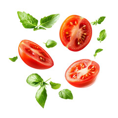  Tomato with half slices falling or floating in the air with green leaves isolated on background, Fresh organic fruit with high vitamins and minerals.