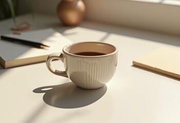 minimalist close empty coffee cup clean office workspace soft lighting neutral tones highlighting its form texture, rounded, ceramic, modern, design, aesthetic