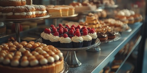 This image showcases a mouthwatering assortment of desserts, meticulously arranged on trays for customers to choose from. The pastries are freshly baked and appear delicious, with various types