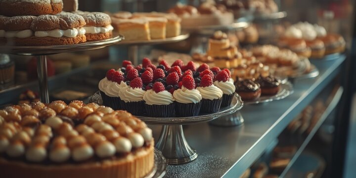 This image showcases a mouthwatering assortment of desserts, meticulously arranged on trays for customers to choose from. The pastries are freshly baked and appear delicious, with various types