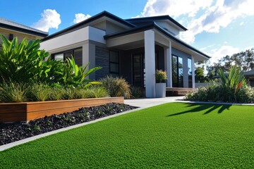 The front yard of a contemporary Australian home features artificial grass and elegant timber edging
