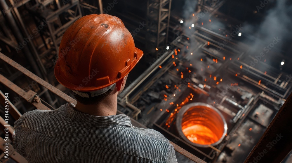 Poster A man in a hard hat is looking down into a large, open pit