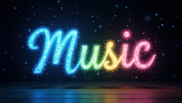 La palabra M&uacute;sica en letras vibrantes y coloridas